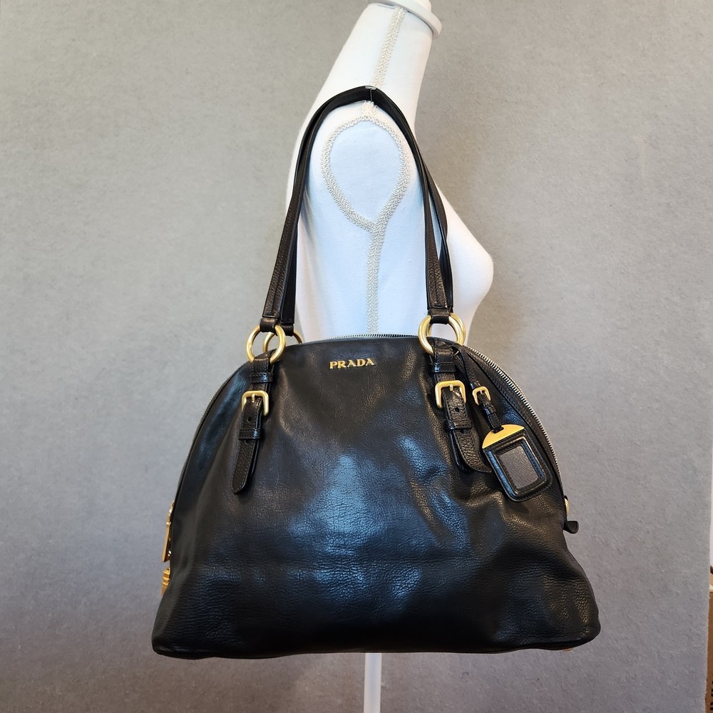 Authenticated Prada Dome Satchel‎ Handbag Black Double Handles Gold Hardware
